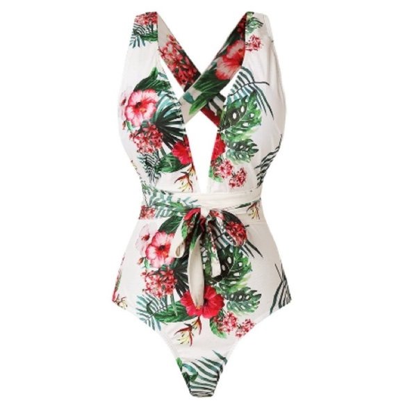 Begonia.K  Tropical Print Deep V-Neck Criss Cross Floral One Piece Swimsuit NEW - Picture 2 of 12